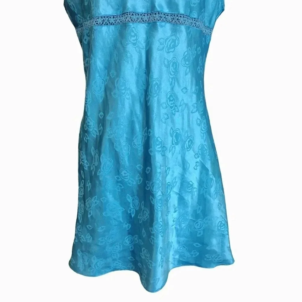 VTG 80s Teal Satin Floral Embroidered Detail Mini Slip Dress Chemise‎ XL Festie - Picture 9 of 14